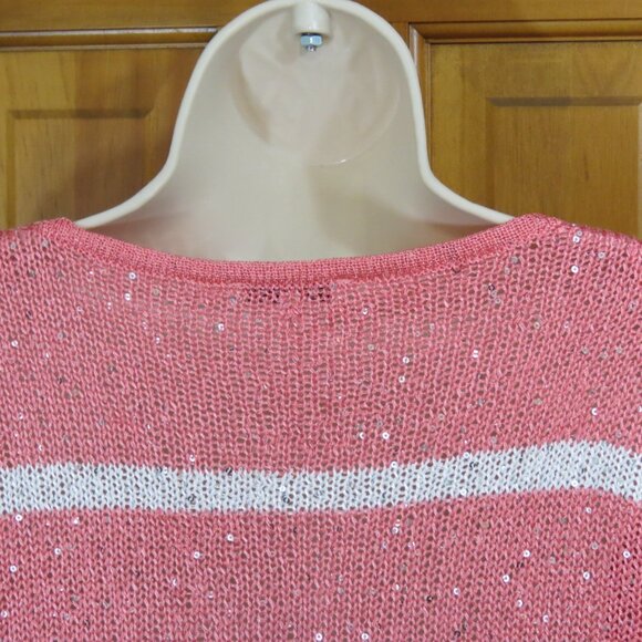 Avalin Coral & Ivory Striped Sweater Long Sleeve Sequins Scoop Neck Size Large - Picture 6 of 10
